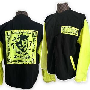 Vtg 80s 90s B-Club Baseball Jacket S/M Black Neon Yellow Coat Snap Baseball